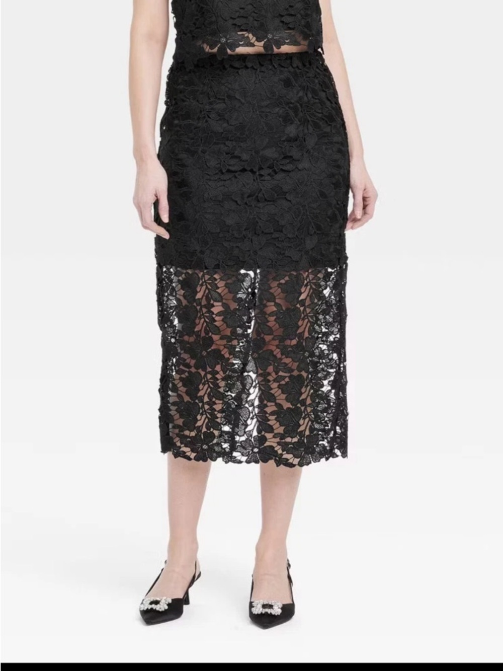 NEW a new day Black Floral Lace Midi Skirt with Sheer Hem